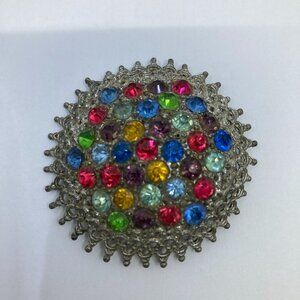 Antique 1930-40 Czecho ? pewter rhinestone 2" diameter brooch